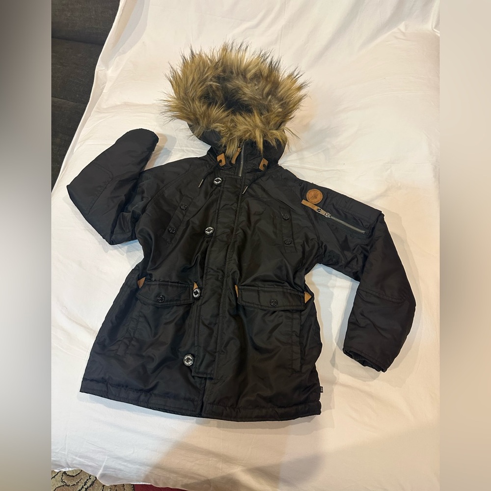 Tommy top Gun Kids Black Puffer Jacket with Faux Fur Hood - Picture 2 of 15
